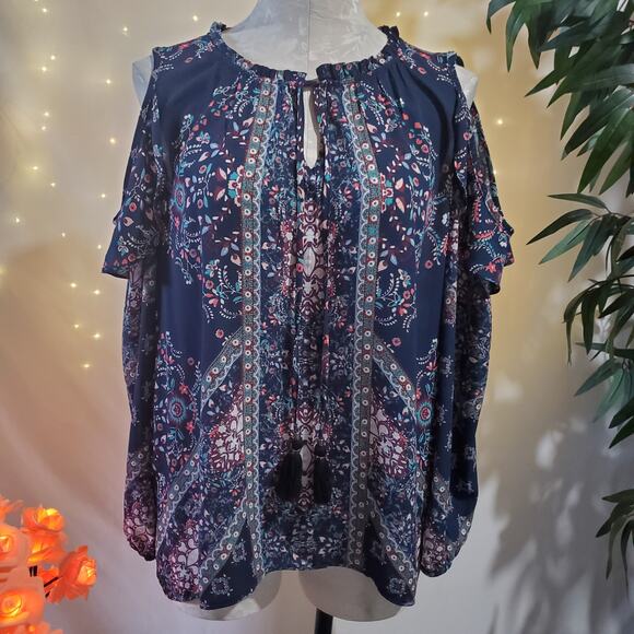 Knox Rose Floral Ruffle Keyhole Cold Shoulder Blouse Women's Size XS Boho Top - Picture 1 of 9